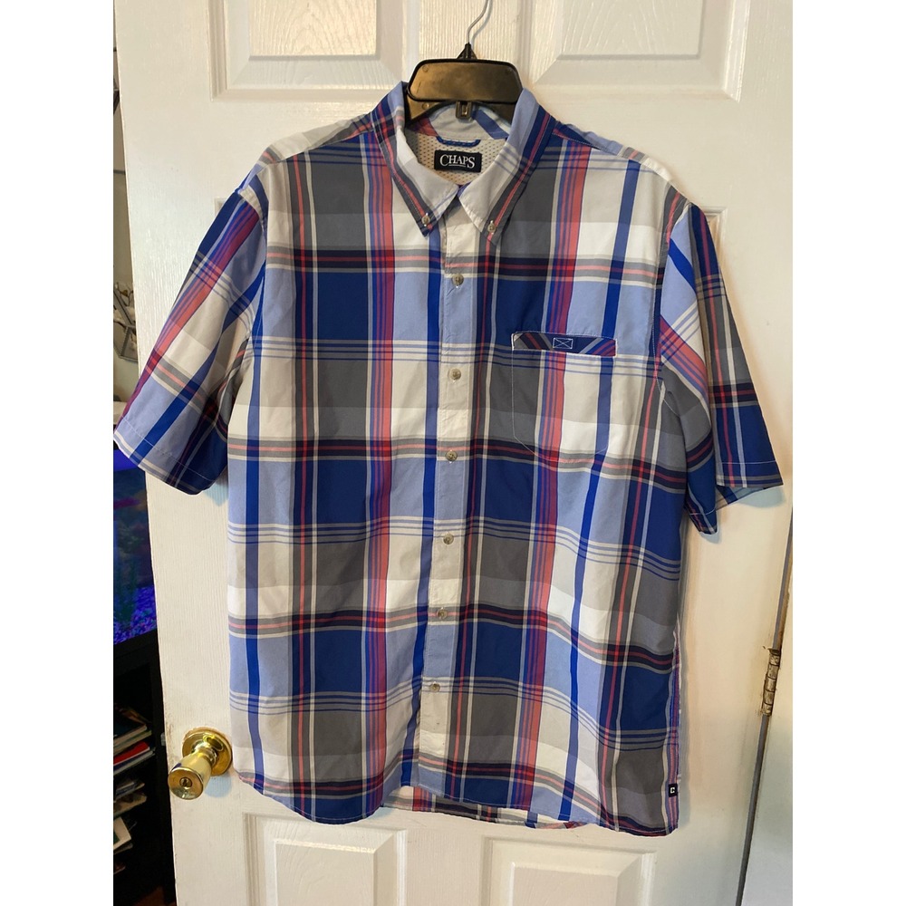 Chaps Mens XL Plaid Button Down Shirt Short Sleeve Blue Red White Mesh Yoke